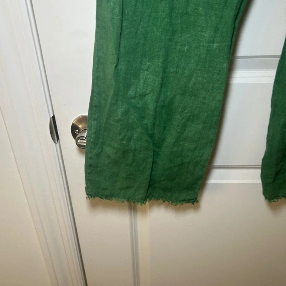 Zara Green Linen Wide Leg Pants High Waisted Frayed Hem Trousers Medium breezy